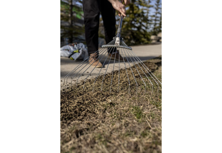 technician raking seed into a bare spot of dirt