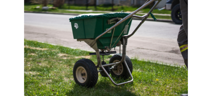 lawn care technician uses spreader to apply fertilizer granules across a lawn