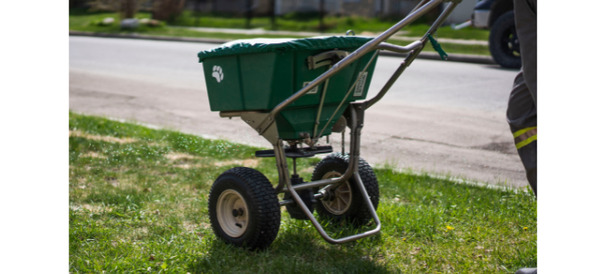 lawn care technician uses spreader to apply fertilizer granules across a lawn
